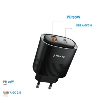 Luxusní rychlo-nabíjecí adaptér TD-PA147 45W - Černý, dva nabíjecí porty USB a USB-C