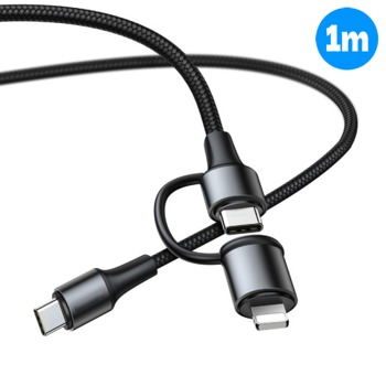Nabíjecí kabel 2v1 USB-C s možností USB-C a Lightning 3A - černo/stříbrný, 1m