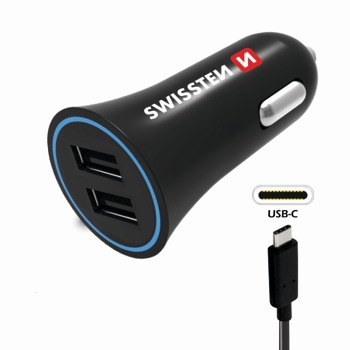 Swissten nabíječka do auta 2,4A 2x USB + USB-C nabíjecí kabel - Černá