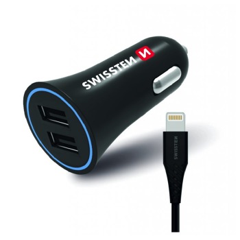 Swissten nabíječka do auta 2,4A 2x USB + Apple Lightning nabíjecí kabel 1,2m - Černá