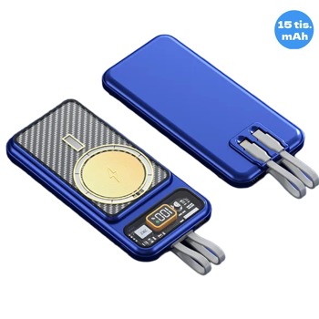 Magnetická bezdrátová powerbanka s USB-C / Lightning kabelem - 15000 mAh, Modrá