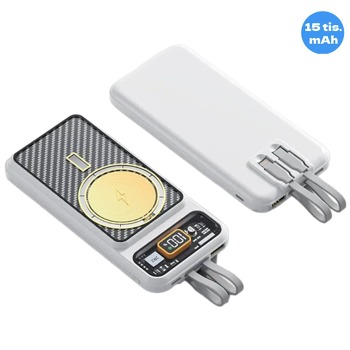 Magnetická bezdrátová powerbanka s USB-C / Lightning kabelem - 15000 mAh, Bílá