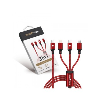 RhinoTech nabíjecí/datový kabel 3v1 USB-C (MicroUSB + Lightning + USB-C) 40W 1,2m červená