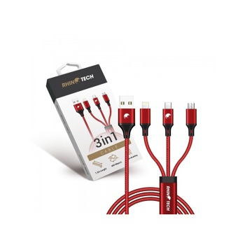 RhinoTech nabíjecí a datový kabel 3v1 USB-A (MicroUSB + Lightning + USB-C) 1,2m červená