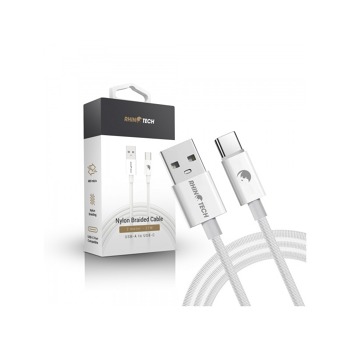 RhinoTech kabel s nylonovým opletem USB-A na USB-C 27W 2m bílá