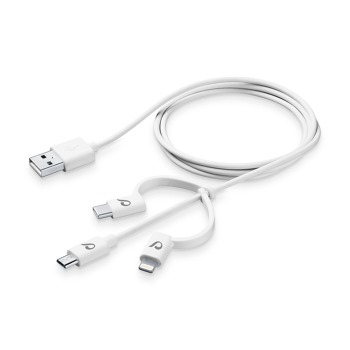 USB kabel CellularLine se třemi adaptéry Lightning + Micro USB + USB-C - Bílý