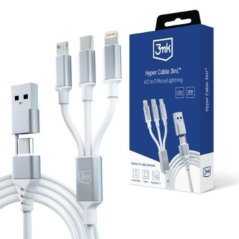 3MK Hyper 3v1 USB-A - USB-C/USB-C, microUSB, Lightning 1.5m White