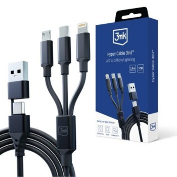 3MK Hyper 3v1 USB-A - USB-C/USB-C, microUSB, Lightning 1.5m Black
