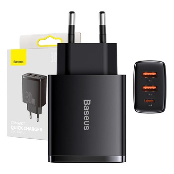 Nabíječka Baseus Compact Quick Charger, 2xUSB, USB-C, PD, 3A, 30W (černý)