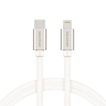 Swissten textilní datový kabel USB-C/Lightning 1,2m - Stříbrný