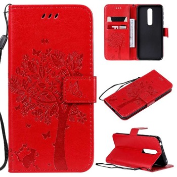 Pouzdro pro Samsung Galaxy A20 - Kočka a strom, červené