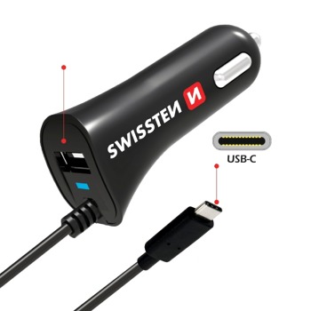 Swissten nabíječka do auta 2,4A 1xUSB intergovaný kabel USB-C - Černá